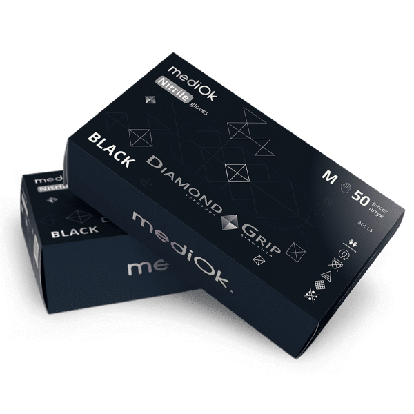 Рукавички нітрилові Mediok Diamond Grip Black (чорні) щільність 8г, текстуровані 