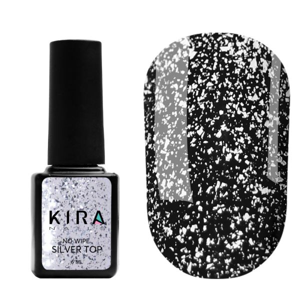 Топ без липкого шару з срібним мікроблиском Kira Nails No Wipe Silver Top 6 мл